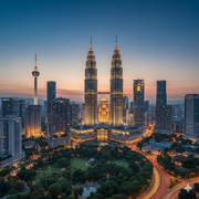 An aerial, realistic long-exposure shot of the Kuala Lumpur skyline at dusk, showcasing the iconic Petronas Twin Towers brightly lit in the center, flanked by other modern skyscrapers.