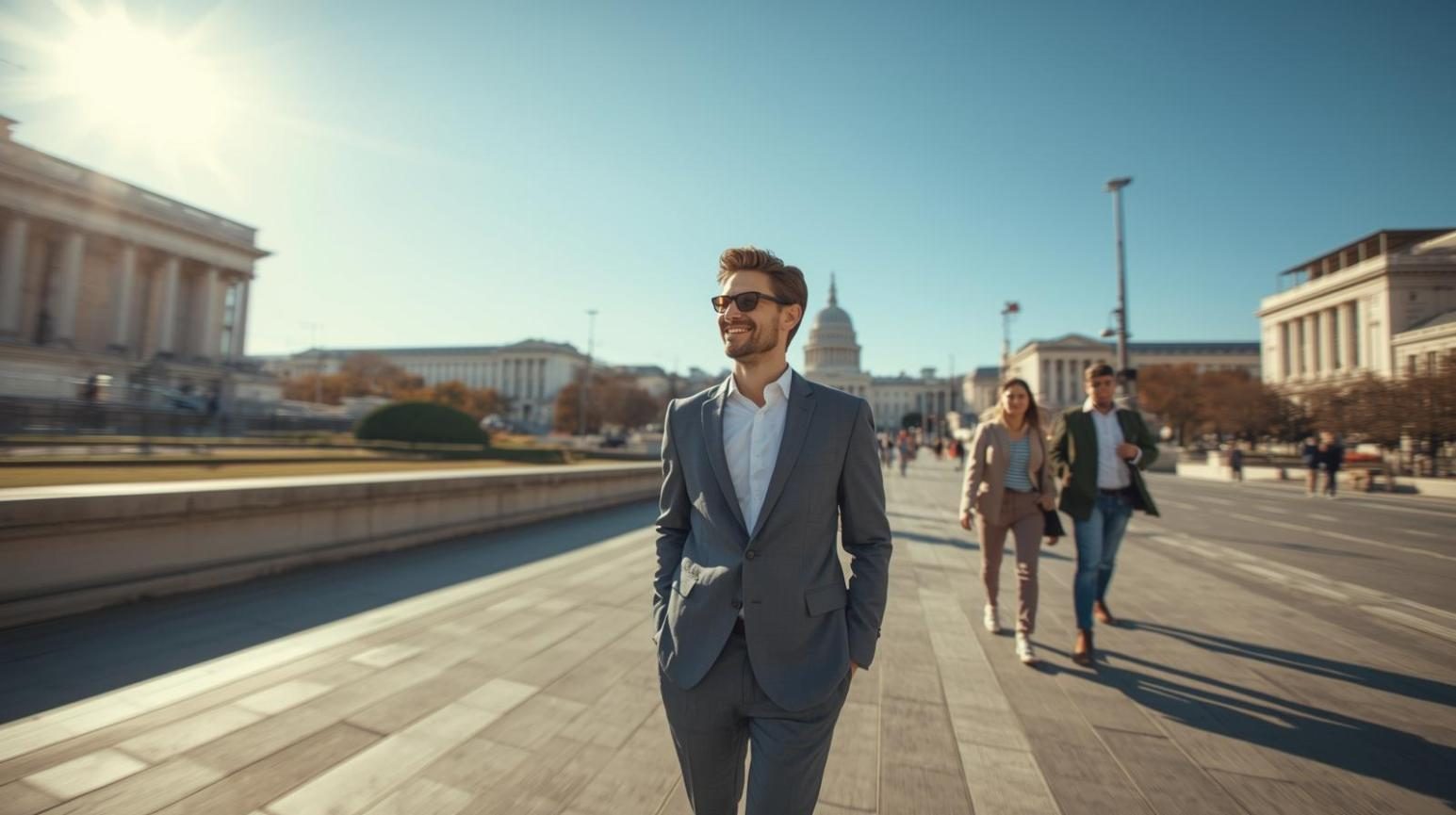Traveler walking confidently through a world capital city street filled with light and culture.